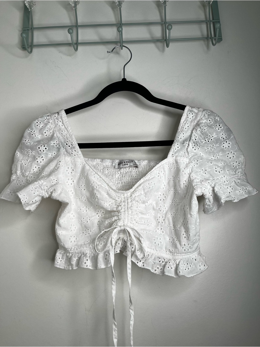 Miss Kelly 1999 White Eyelet Smocked Tie Front Ruffle Hem Puff Crop Blouse